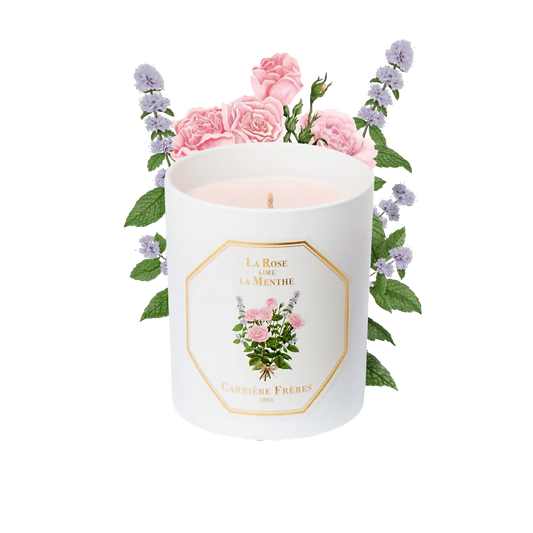 Bougie parfumée La Rose aime la Menthe de Carrière Frères, collection ambretmusc, avec rose turque et menthe rafraîchissante.