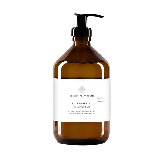 Savon liquide pour corps et mains Bois Impérial Essential Parfums avec notes boisées et ambretmusc