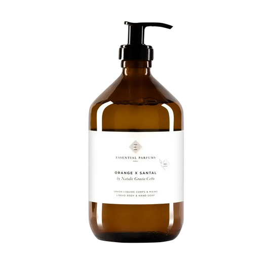 Savon liquide naturel pour corps et mains Orange X Santal d'Essential Parfums avec ambretmusc