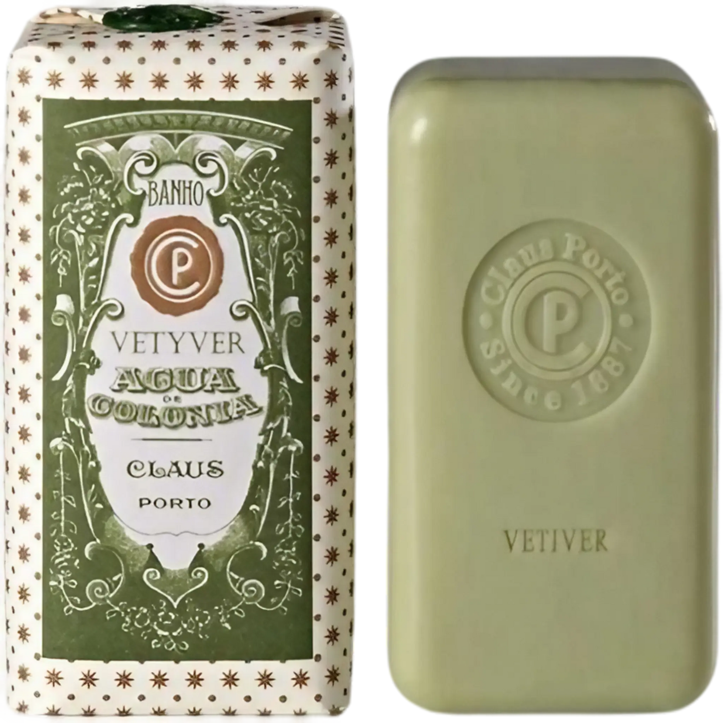 Savon solide Vetiver Aqua Colonia de Claus Porto, senteur verte boisée au vétiver frais, patchouli, musc, santal et ambretmusc