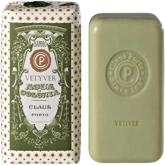 Savon solide Vetiver Aqua Colonia de Claus Porto, senteur verte boisée au vétiver frais, patchouli, musc, santal et ambretmusc