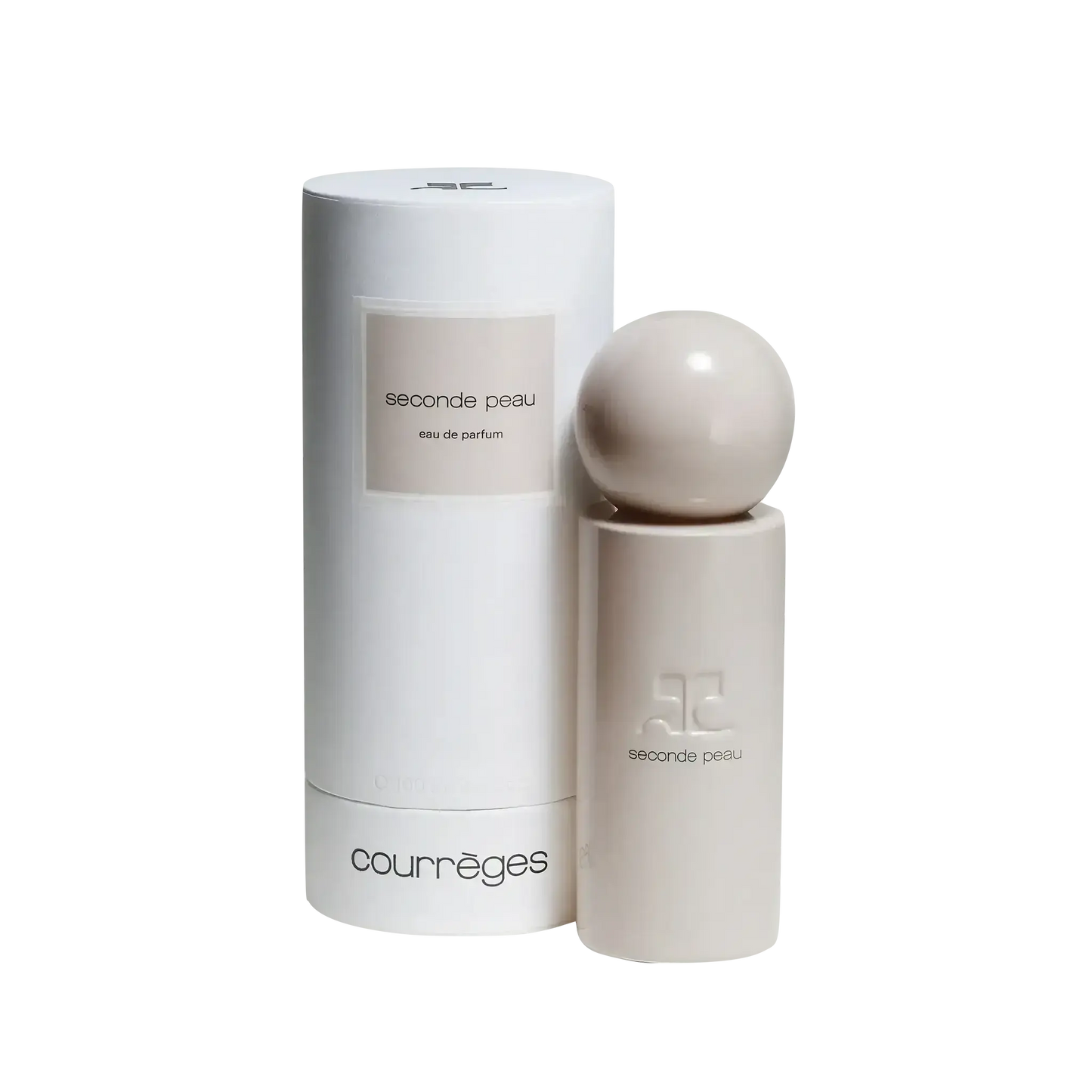 Flacon d'eau de parfum Seconde Peau de Courrèges, fragrance ambretmusc inspirée des mailles iconiques seconde peau.