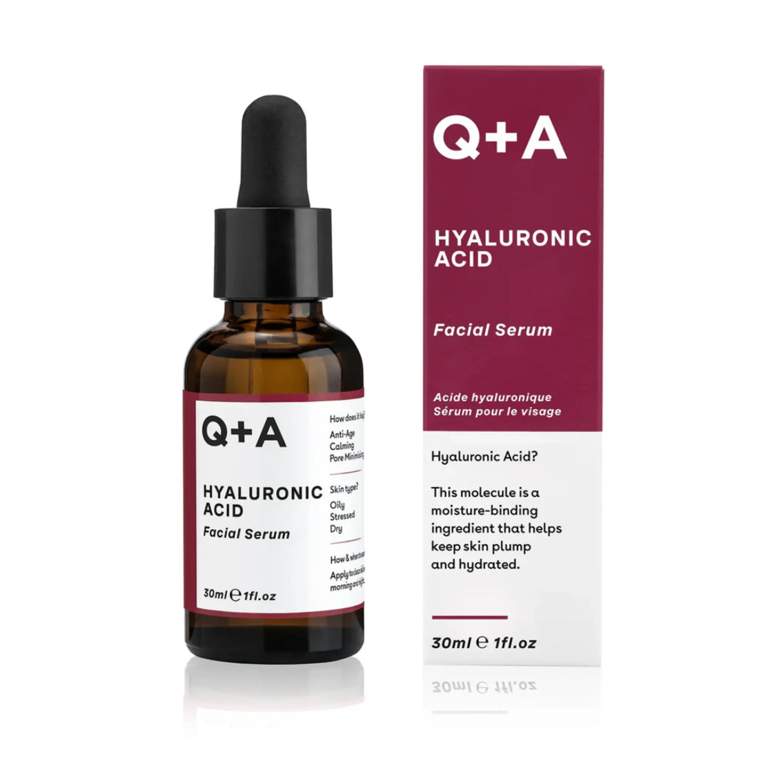 Sérum facial à l'acide hyaluronique Q+A pour hydratation intensive, ingrédients naturels, collection ambretmusc.