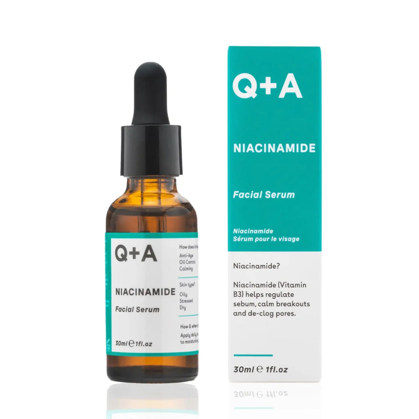 Sérum facial à la niacinamide de Q+A ambretmusc, catégorie sérums pour le visage, formule avec allantoïne et extrait Super Glow pour équilibrer le teint.