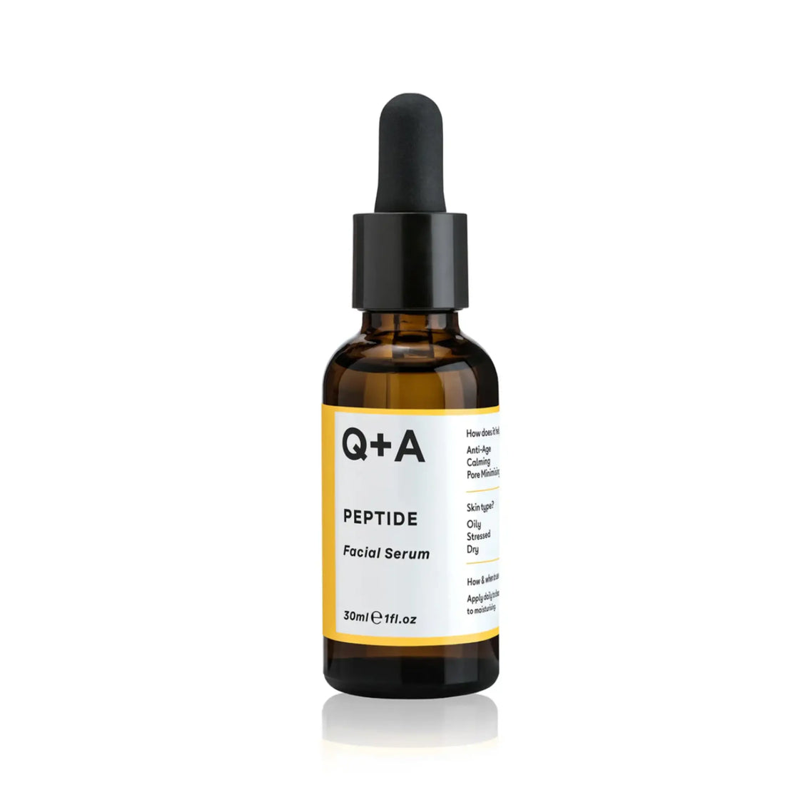 Sérum facial aux peptides Q+A avec ambretmusc pour une peau anti-âge et un éclat de jeunesse.