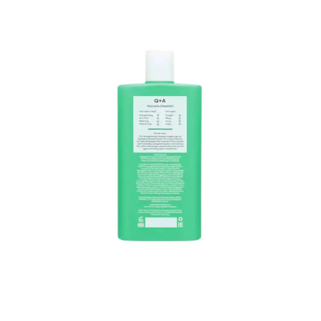 Shampoing fortifiant Q+A pour tous types de cheveux, renforçant avec kératine végétale et ambretmusc, hydratant et anti-casse.