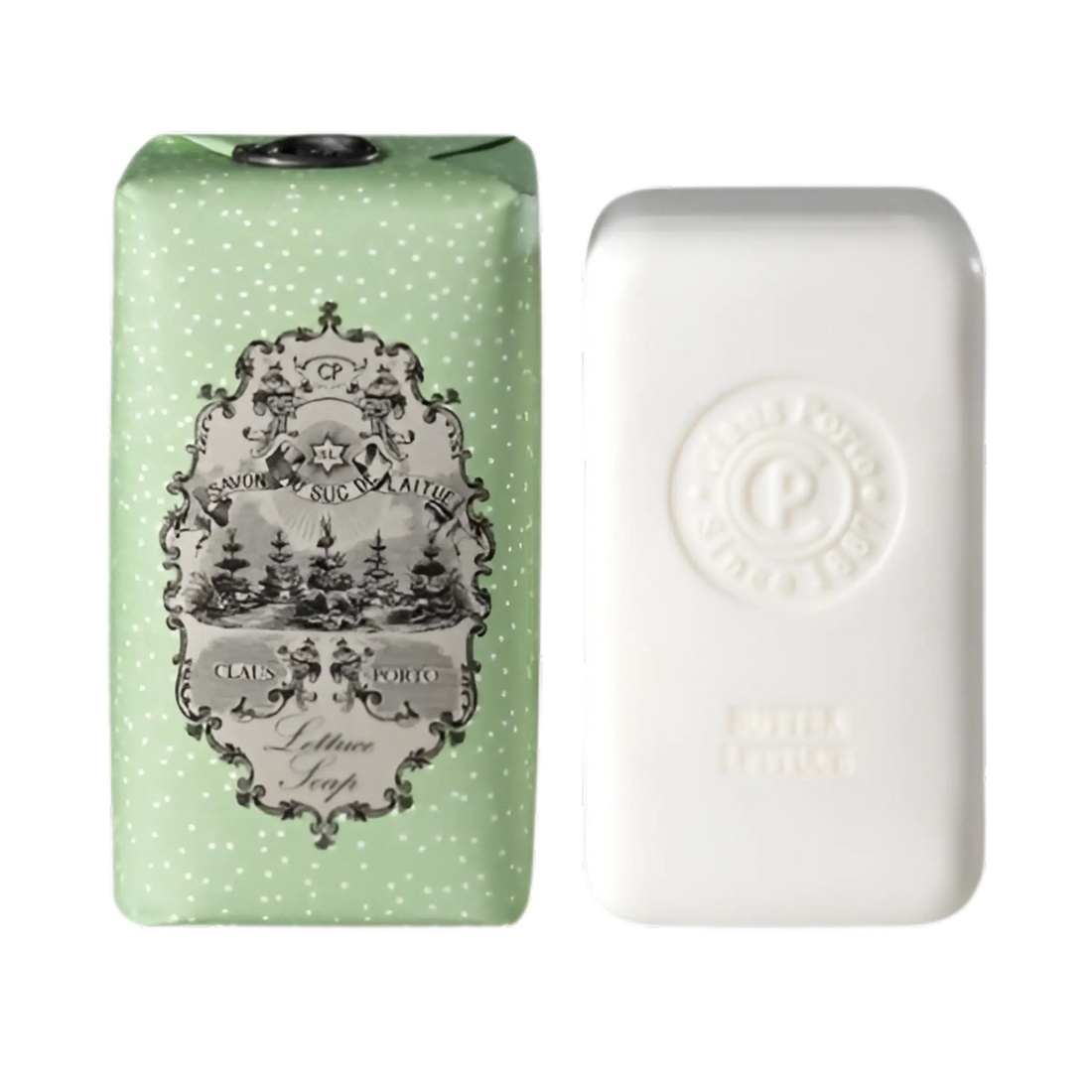 Savon solide Spring Lettuce de Claus Porto, luxuriant et vert, enrichi en huile de pistache pour hydrater la peau, ambretmusc