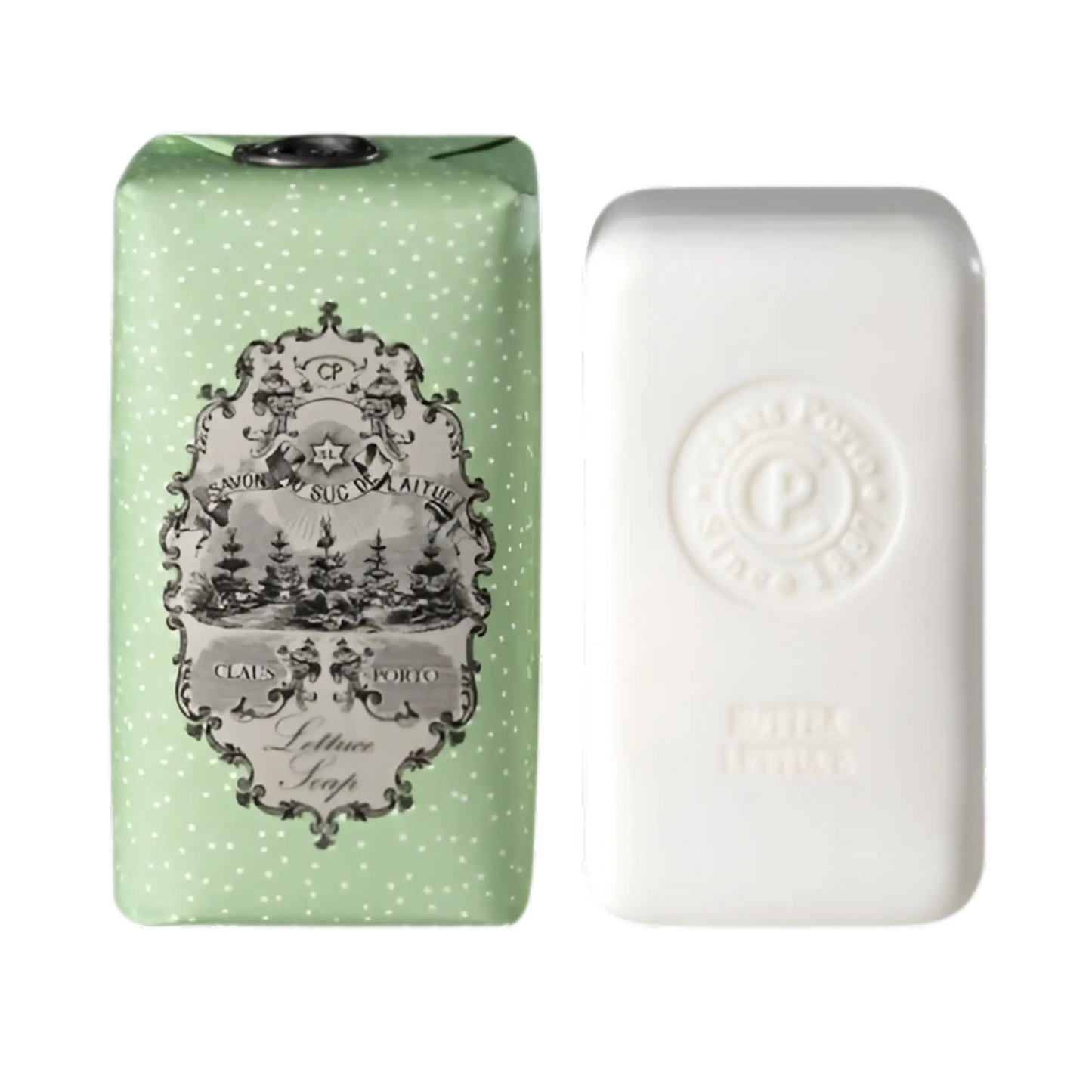 Savon solide Spring Lettuce de Claus Porto, luxuriant et vert, enrichi en huile de pistache pour hydrater la peau, ambretmusc