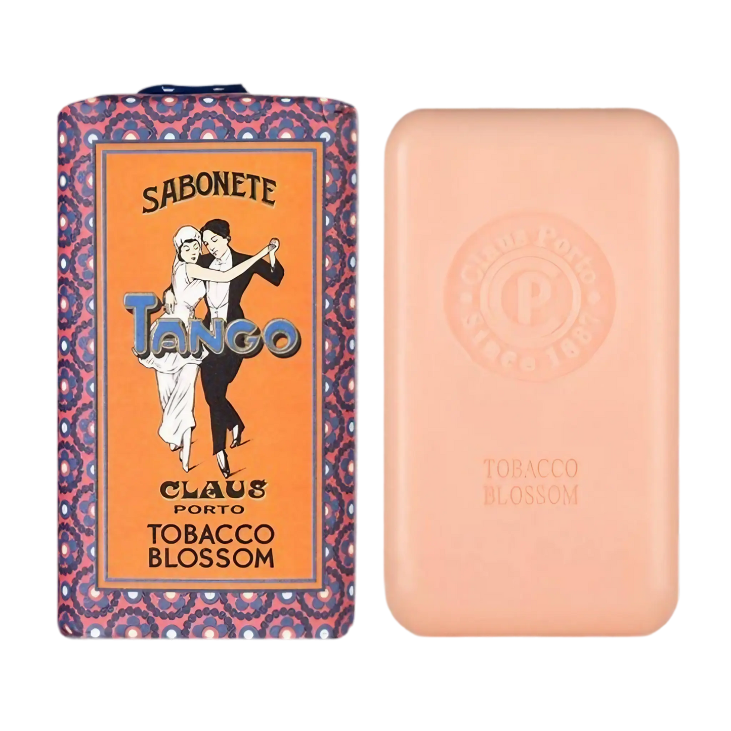 Savon solide Tango de Claus Porto, parfum intense de tabac doux avec ambretmusc, enrichi à l'huile de noyau de mangue pour nettoyer et nourrir la peau