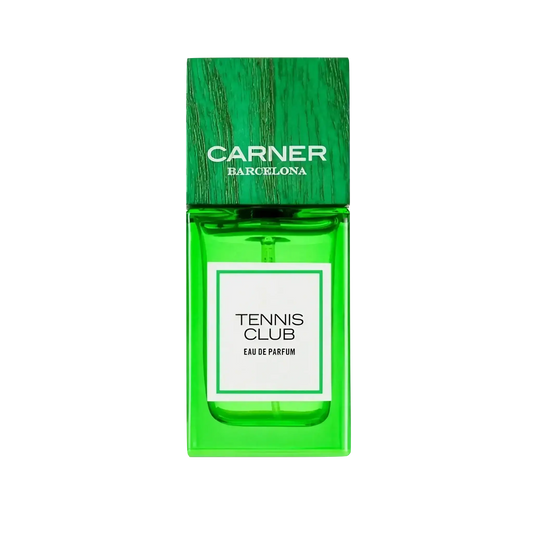 Eau de parfum Tennis Club de Carner, fragrance ambretmusc inspirée des courts de tennis, herbe verte et brise salée de la mer.