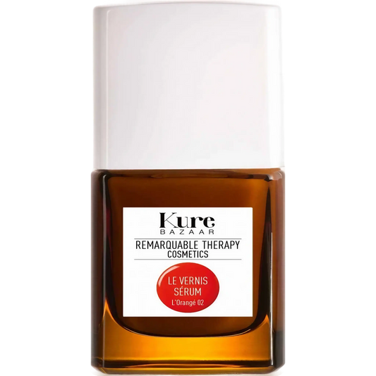Vernis sérum L'Orangé 02 de Kure Bazaar pour ongles abîmés, orange vif avec pointe de rouge, collection Remarquable Therapy Cosmetics ambretmusc