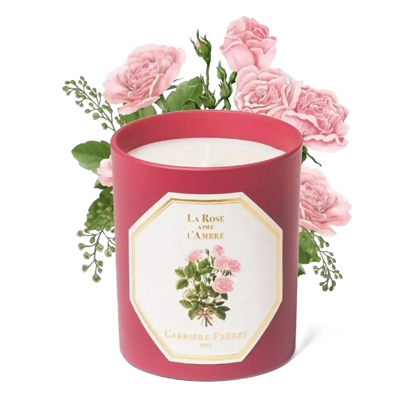 Image qui affiche Bougie La Rose Aime l'Ambre d'une contenance de 185g Neuf. Une création par la Marque Carrière Frères et vendu par Ambre&Musc Parfumerie de Niche et Institut de Beauté.
