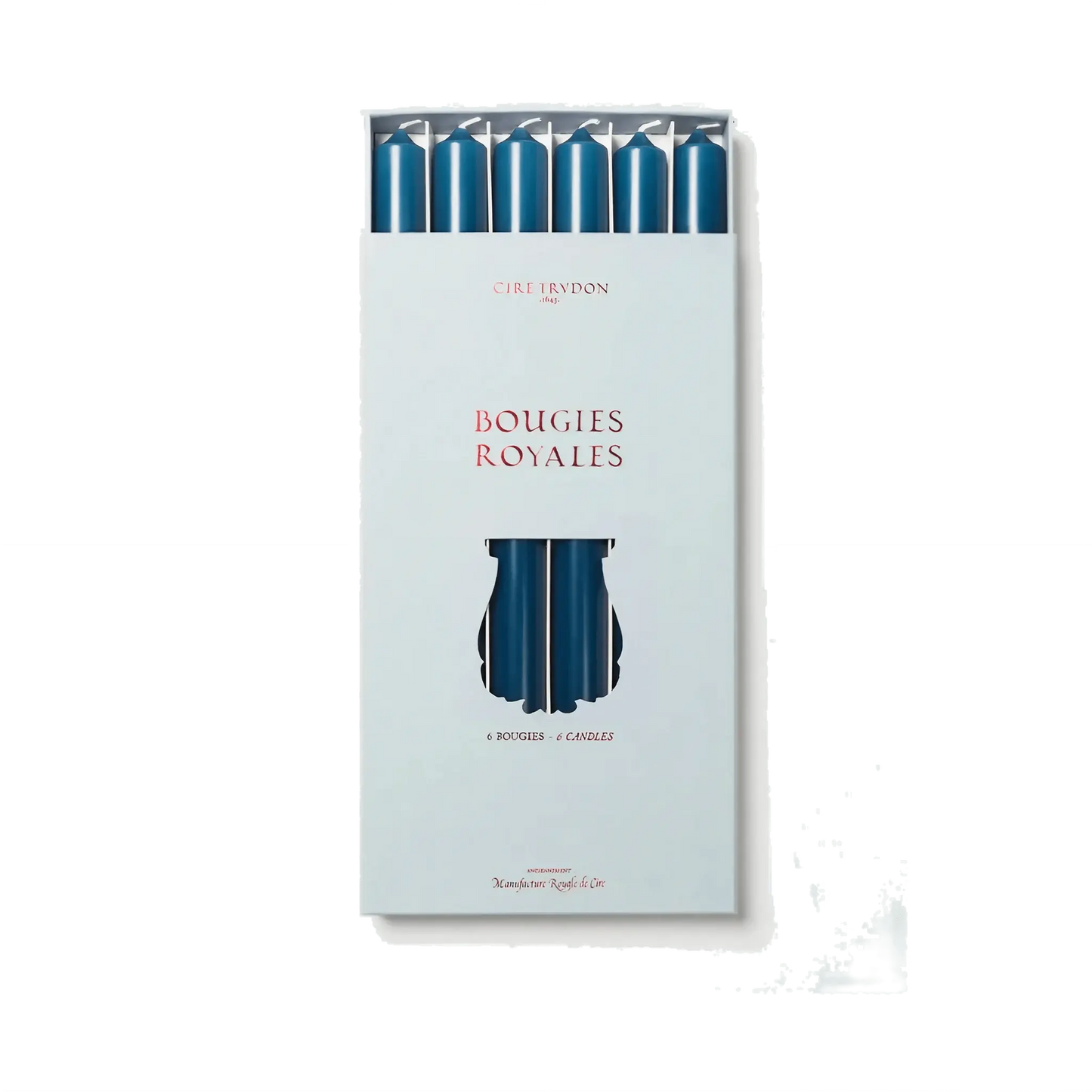 Image qui affiche Chandelles Royale Bleu Barbeau d'une contenance de 6 bougies Neuf. Une création par la Marque Trudon et vendu par Ambre&Musc Parfumerie de Niche et Institut de Beauté.