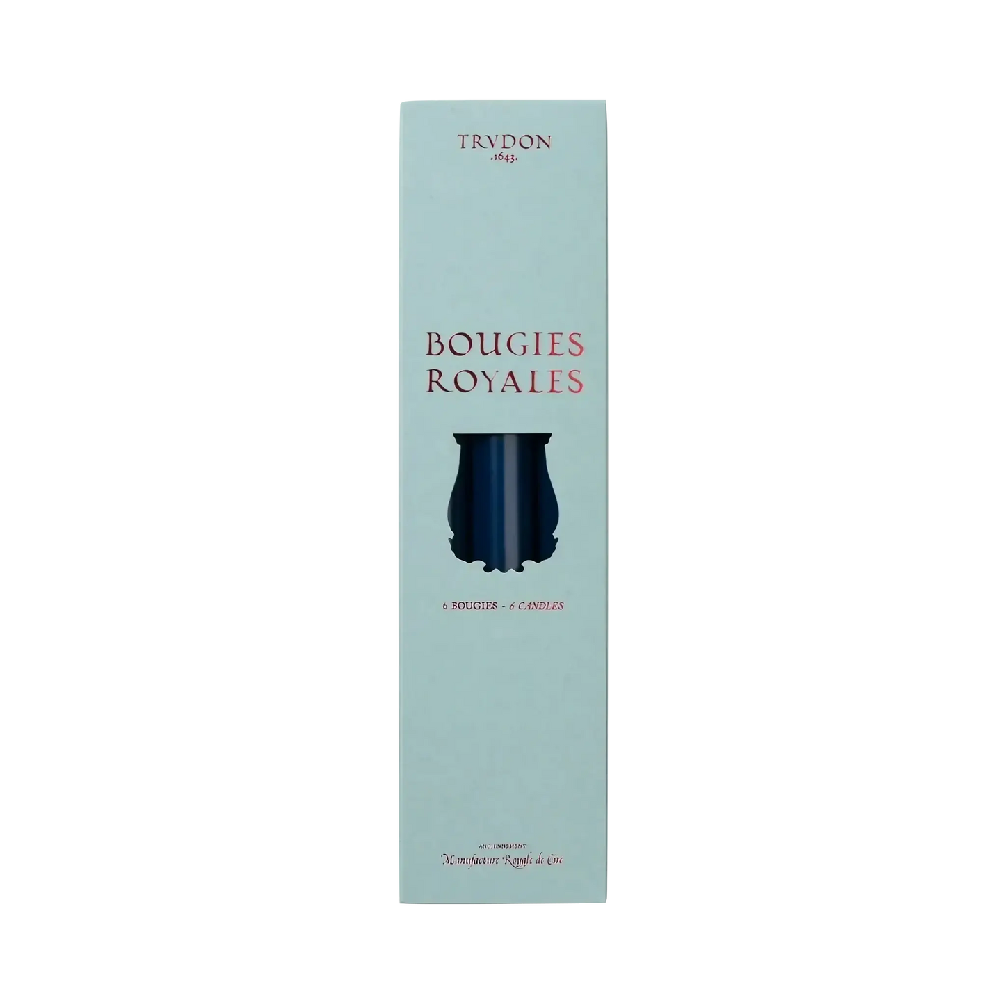 Image qui affiche Chandelles Royale Bleu Marine d'une contenance de 6 bougies Neuf. Une création par la Marque Trudon et vendu par Ambre&Musc Parfumerie de Niche et Institut de Beauté.