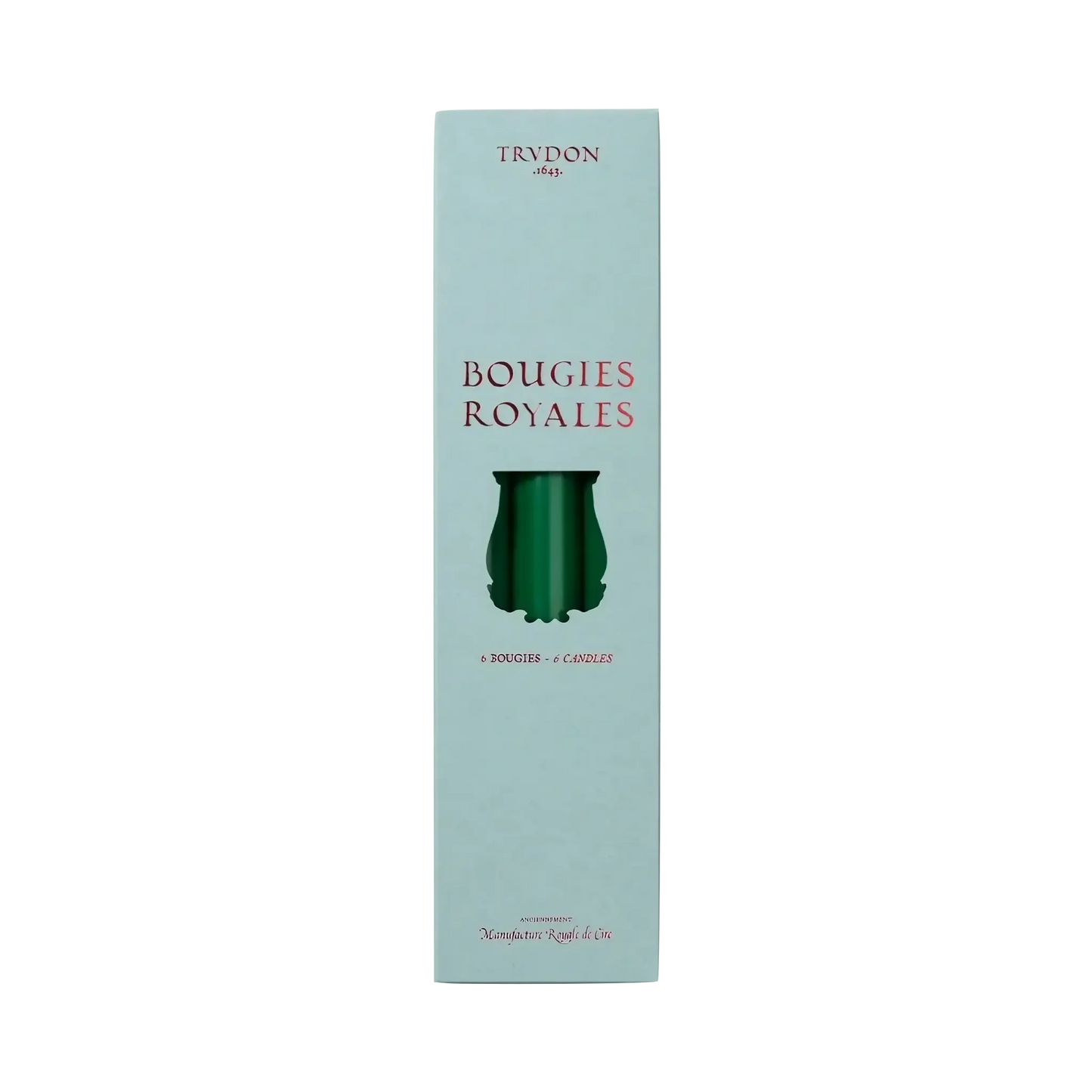 Image qui affiche Chandelles Royale Vert Sapin d'une contenance de 6 bougies Neuf. Une création par la Marque Trudon et vendu par Ambre&Musc Parfumerie de Niche et Institut de Beauté.